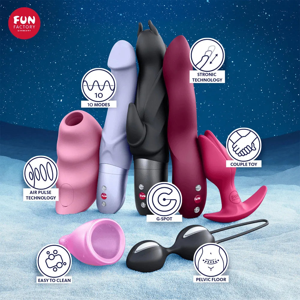 Calendrier de l'Avent Satisfyer PREMIUM 2025 avec jouets érotiques colorés et accessoires sensuels sur fond bleu.