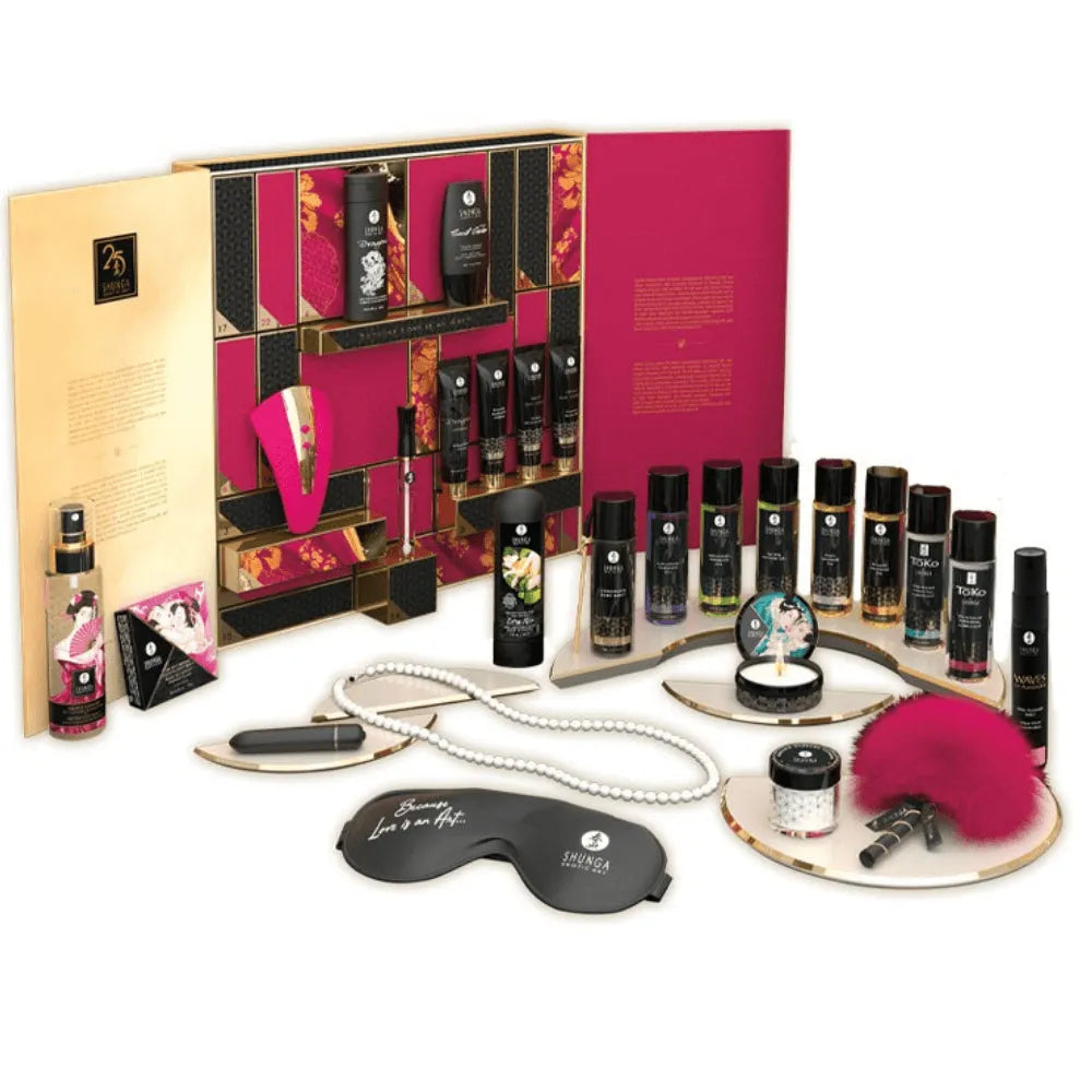 Calendrier de l'Avent SHUNGA 25 ans, coffret luxe avec produits intimes, accessoires coquins et masseur, design élégant.