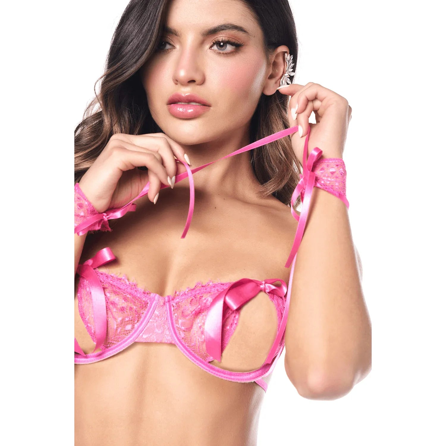 Ensemble sexy 4 pièces avec soutien-gorge ouvert, string, bandeau et menottes Mapalé - MAL8974PINK