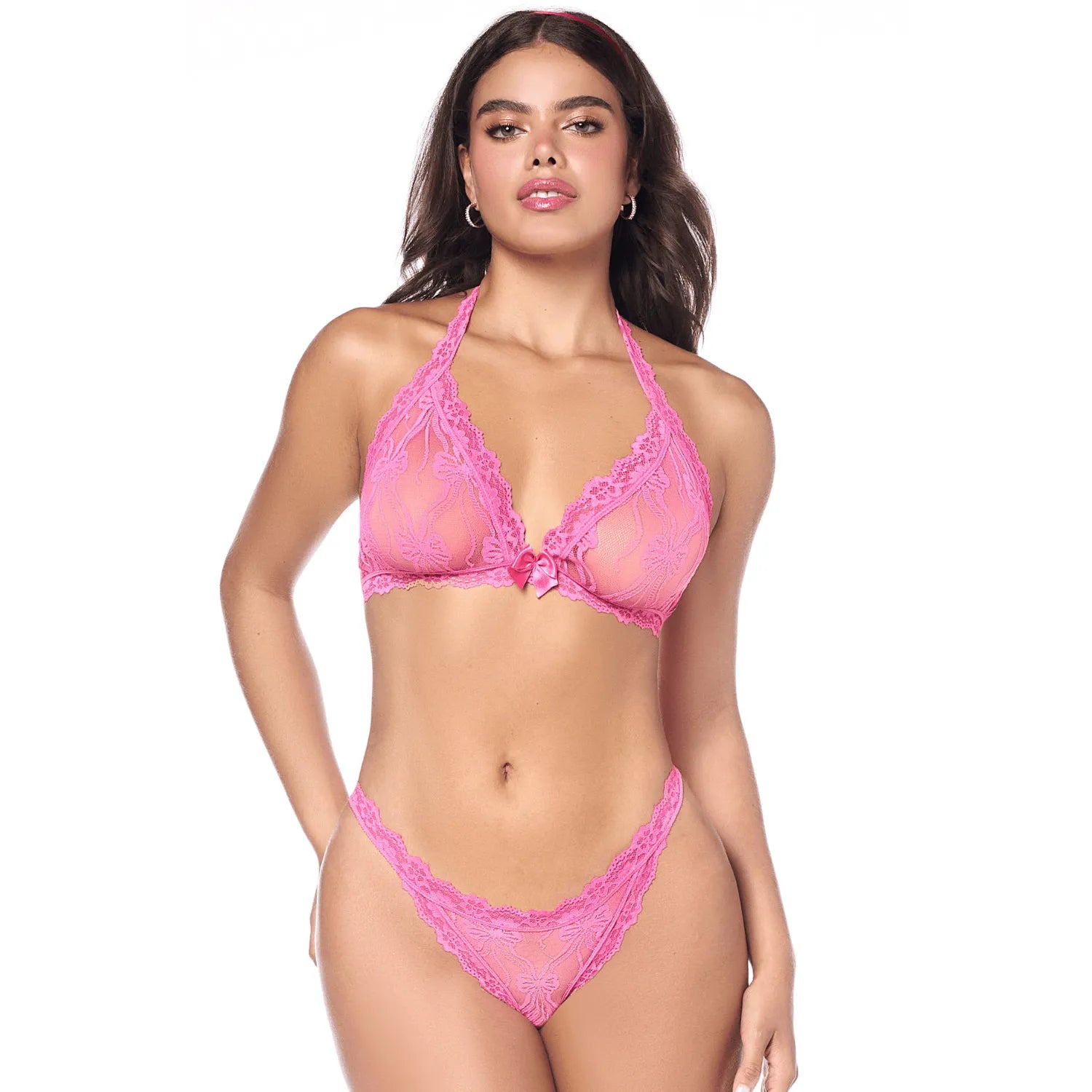 Ensemble sexy 2 pièces rose en dentelle avec haut et string Mapalé - MAL8971PINK