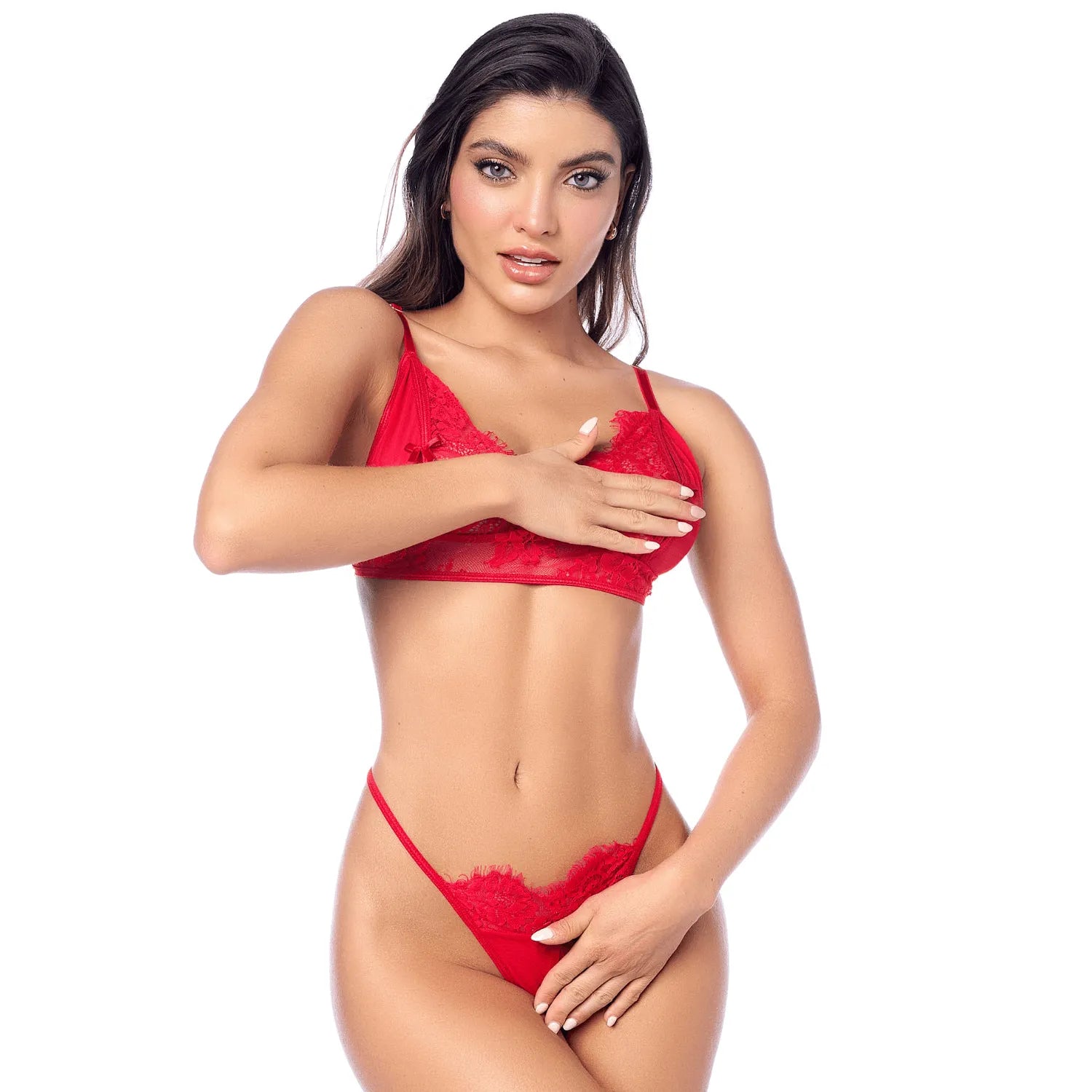 Ensemble sexy 3 pièces peek-a-boo avec porte-jarretelles en dentelle Mapalé - MAL8970RED