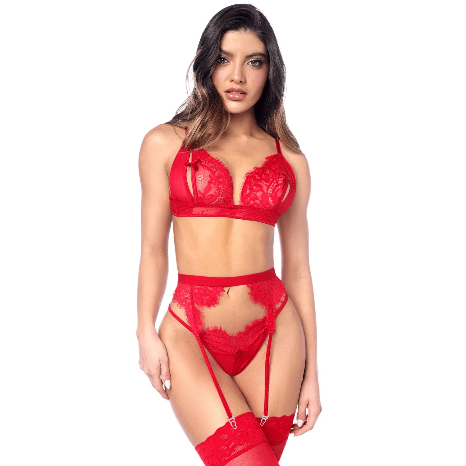 Ensemble sexy 3 pièces peek-a-boo avec porte-jarretelles en dentelle Mapalé - MAL8970RED