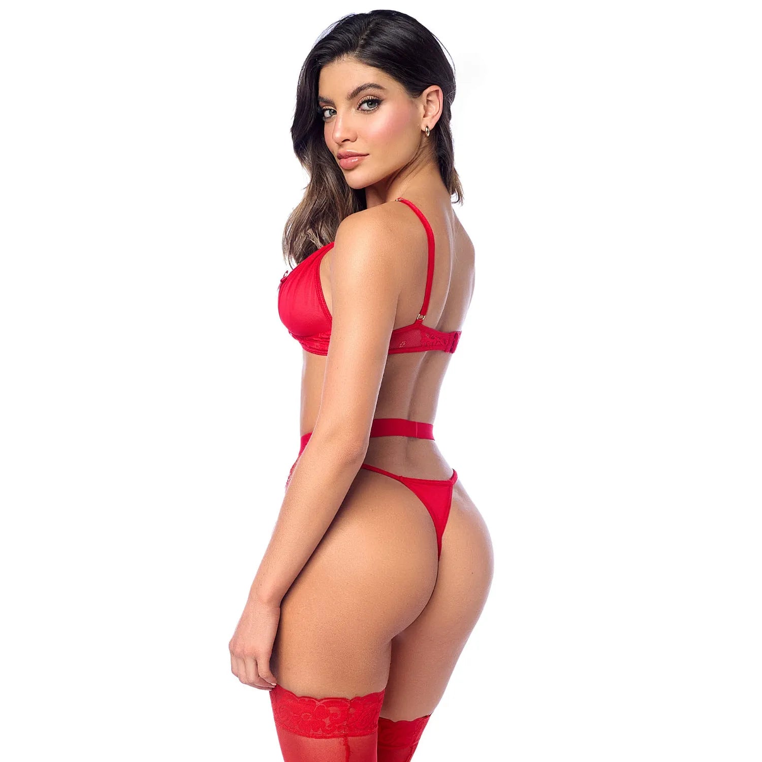 Ensemble sexy 3 pièces peek-a-boo avec porte-jarretelles en dentelle Mapalé - MAL8970RED