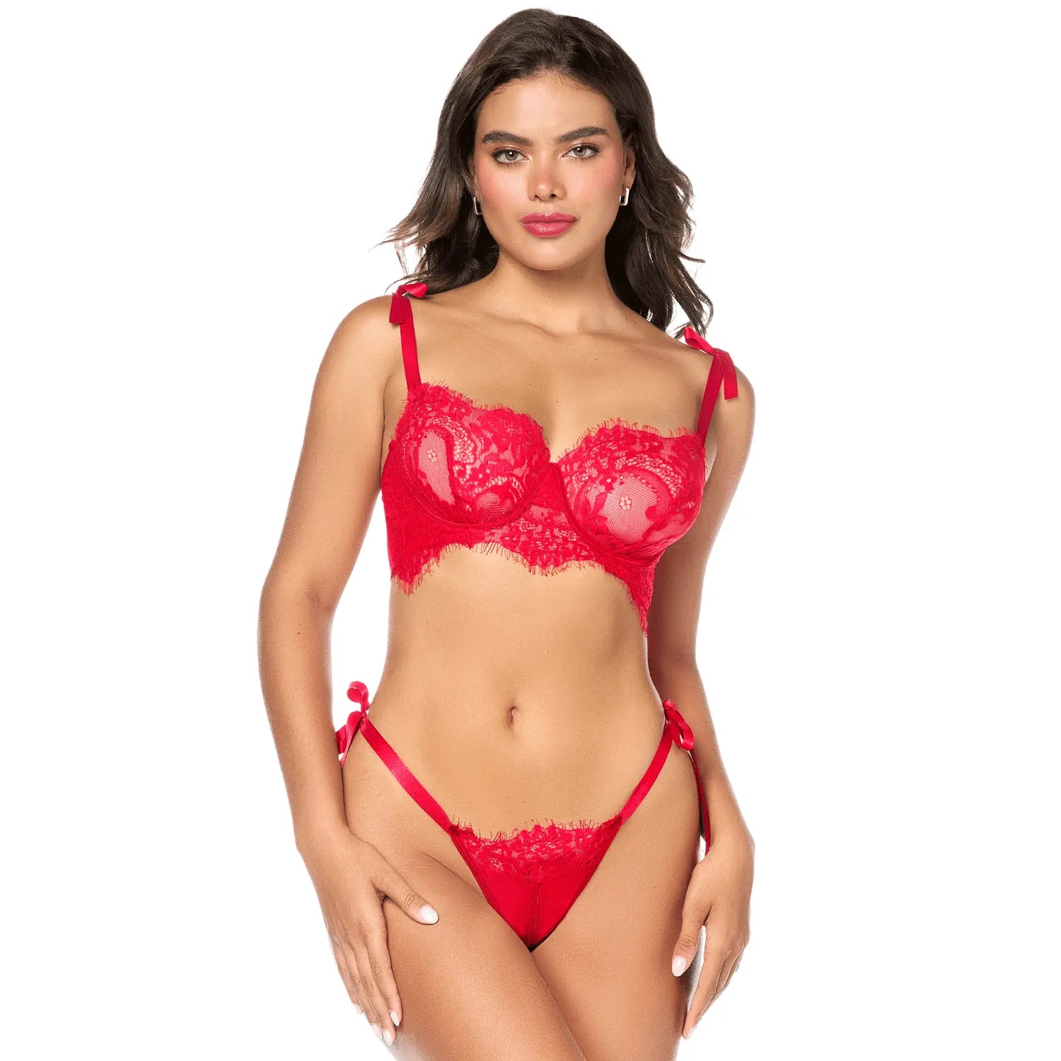 Ensemble sexy 2 pièces en dentelle avec bretelles et string à nouer Mapalé - MAL8968RED