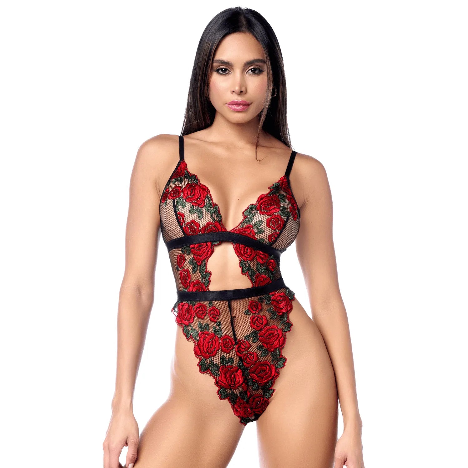 Teddy sexy taille haute en résille transparente avec broderie de roses Mapalé - MAL8961BKRD