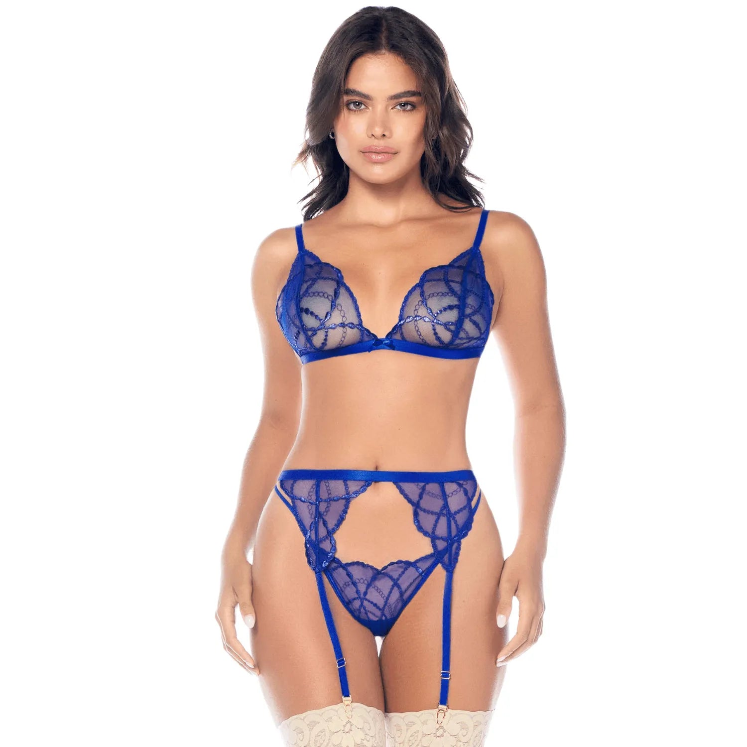 Ensemble sexy 3 pièces avec broderie brillante et porte-jarretelles Mapalé - MAL8944SAPP