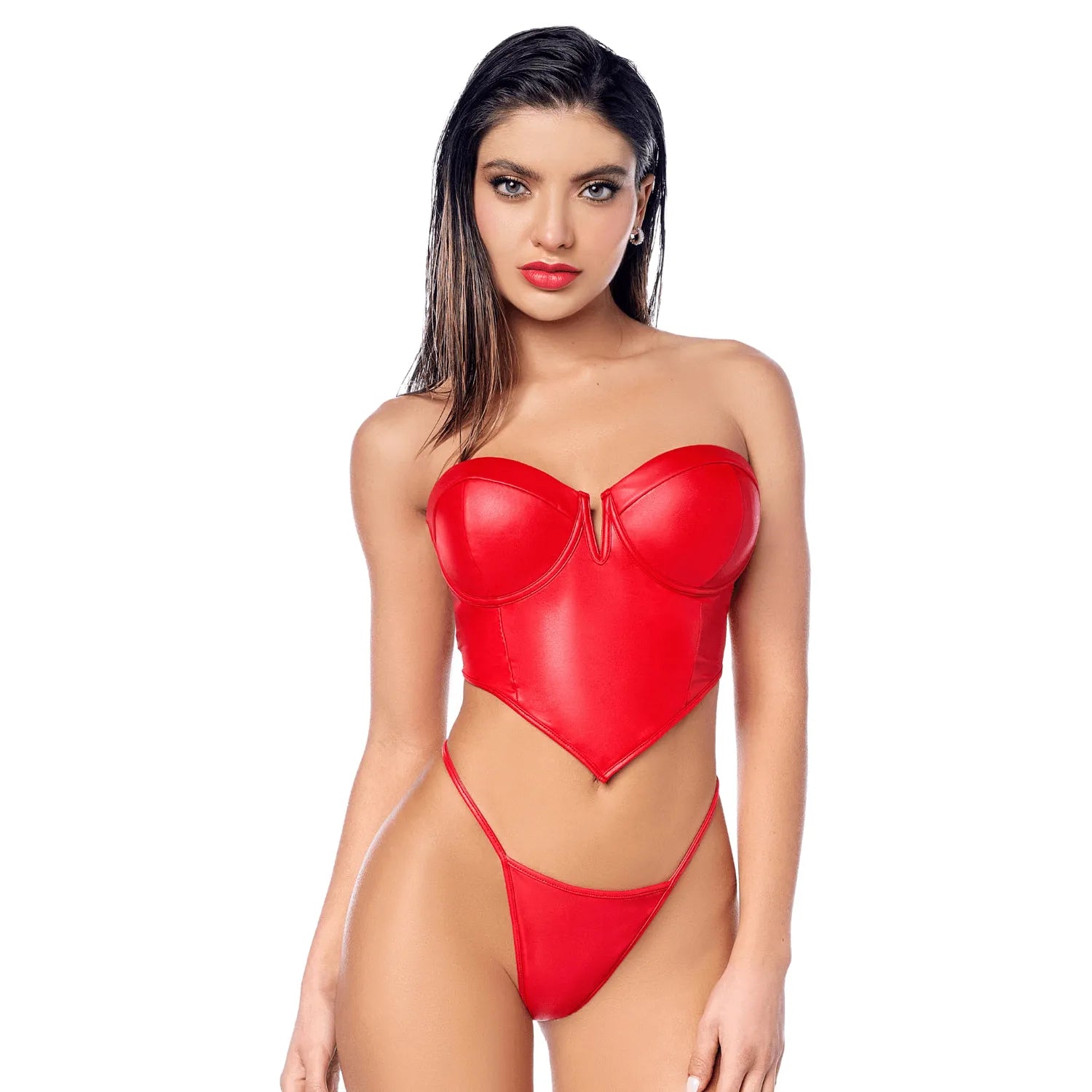 Ensemble sexy 2 pièces en similicuir avec bustier structuré et string Mapalé - MAL2809RED