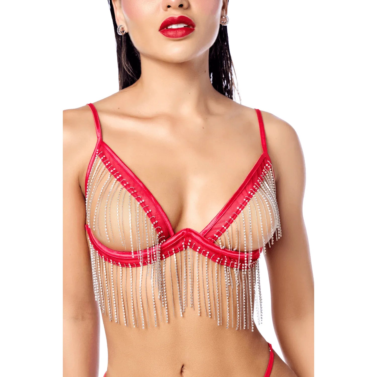 Ensemble sexy 2 pièces avec franges en strass scintillants Mapalé - MAL2811RED