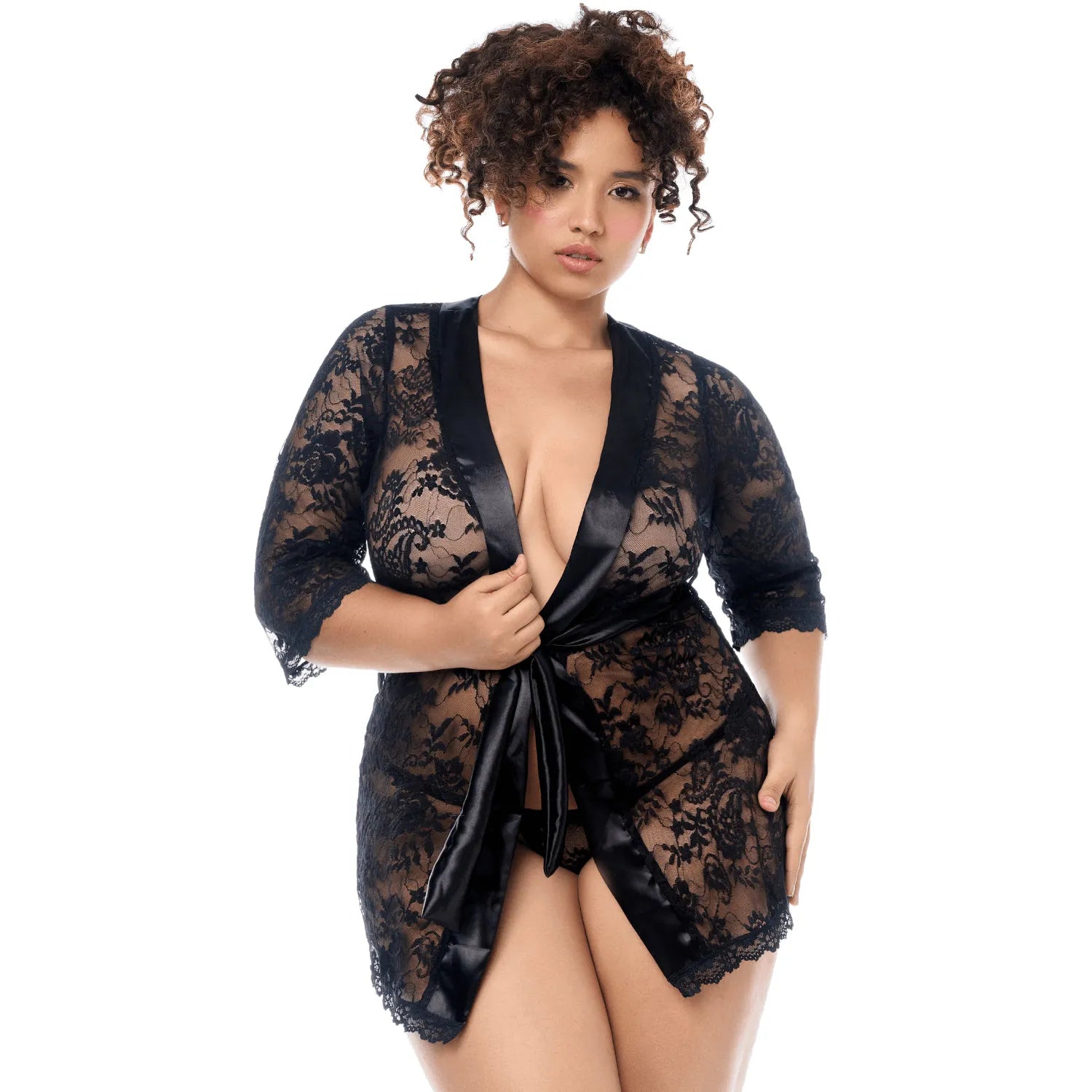 Peignoir sexy grande taille en dentelle avec bordures satin et string assorti Mapalé - MAL7618XBLK
