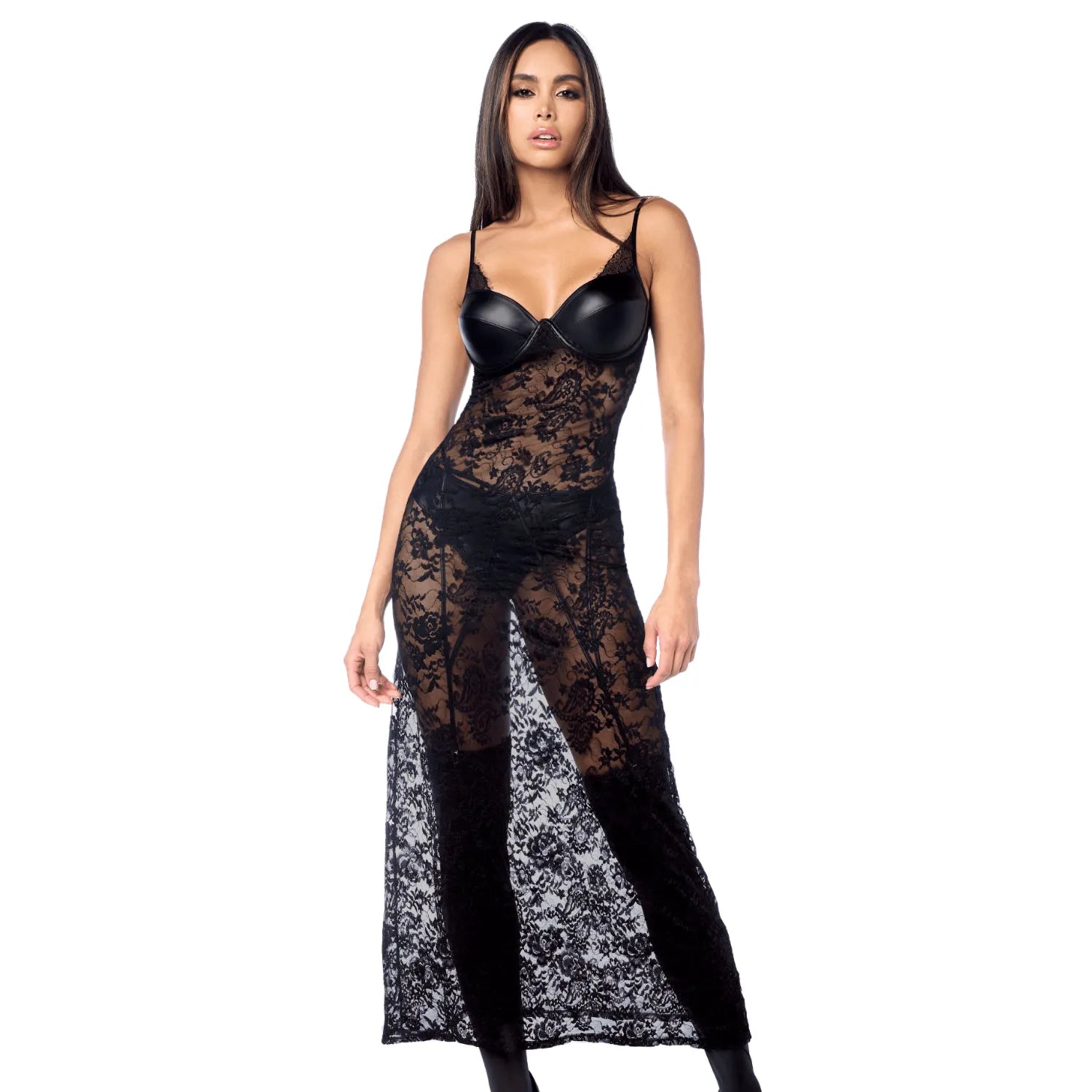 Robe longue sexy en dentelle avec bonnets effet cuir, string et porte-jarretelles Mapalé - MAL7616BLK