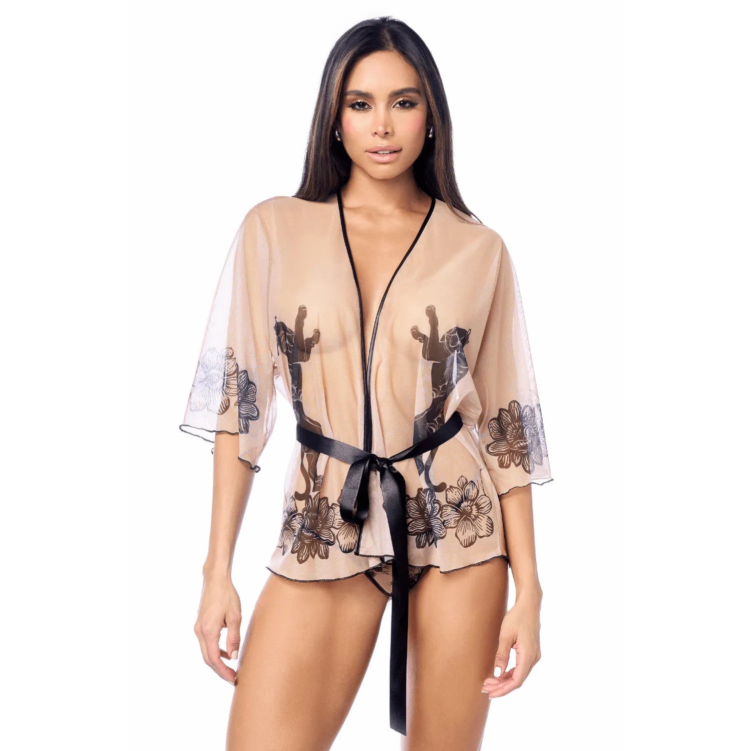 Peignoir sexy en résille imprimée transparente avec string assorti Mapalé - MAL7615NUBK