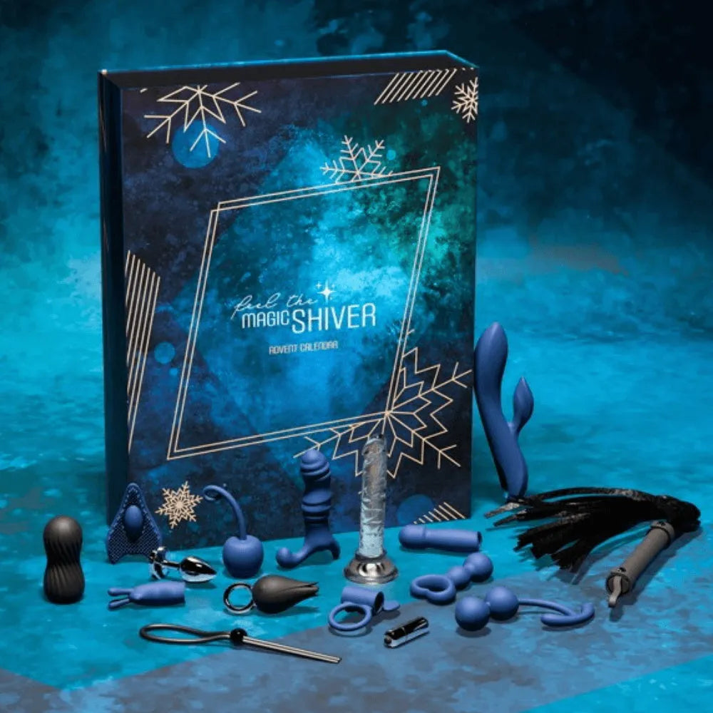 Calendrier de l'avent érotique bleu avec 24 surprises sensuelles, incluant lovetoys et huiles, sur fond bleu glacé.