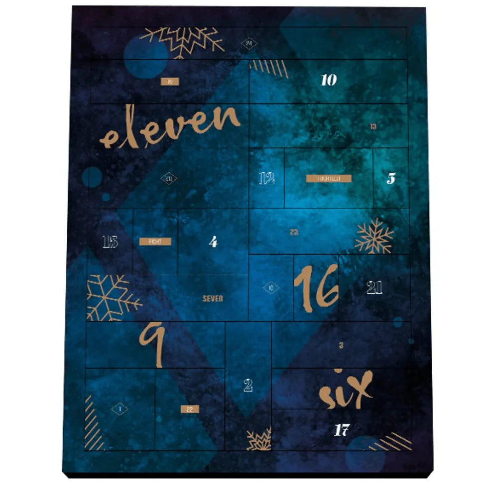 Calendrier de l'avent érotique bleu et or, 24 boîtes sensuelles, design luxueux, surprises coquines pour adultes.