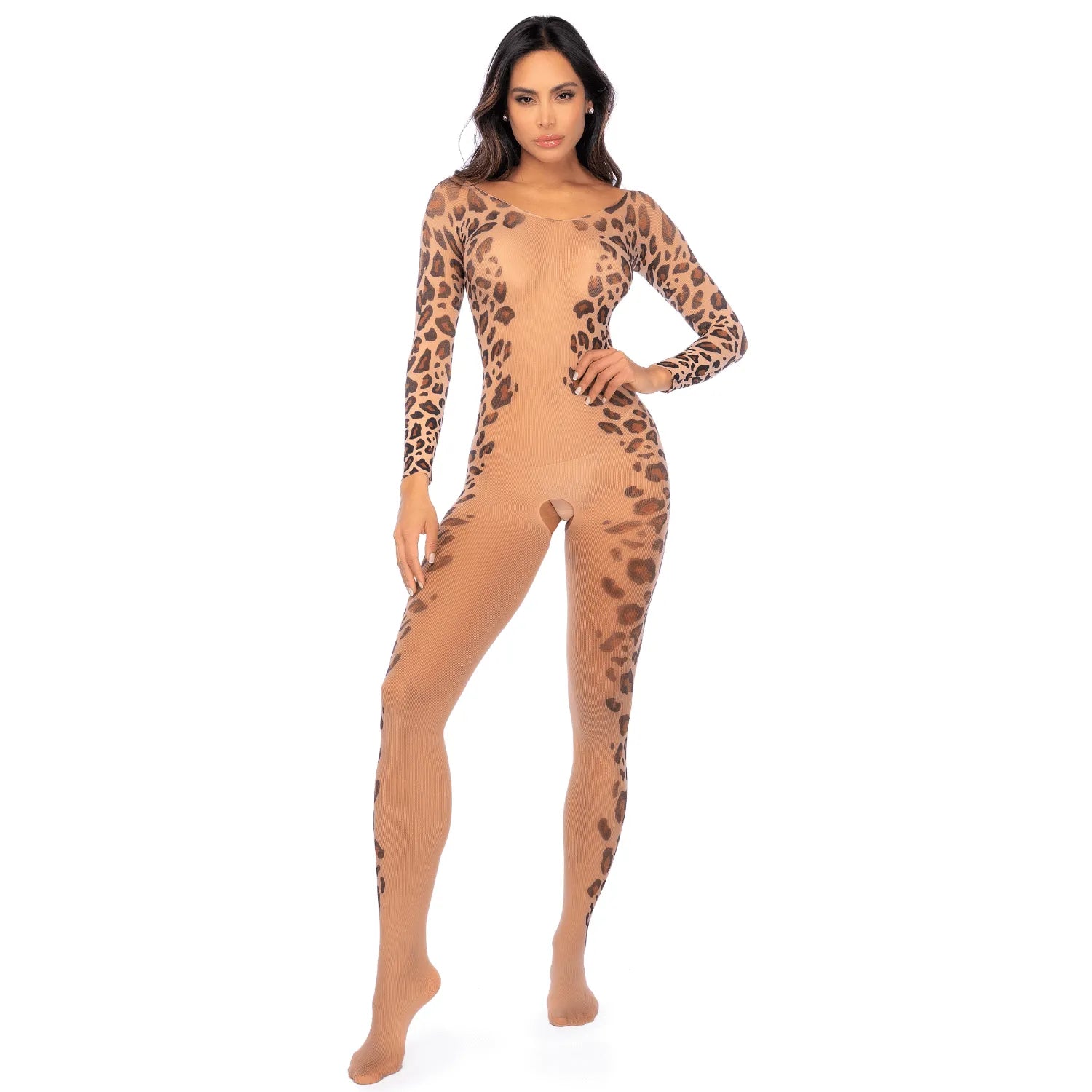 combinaison sexy résille léopard manches longues ouverture entrejambe soirée moderne