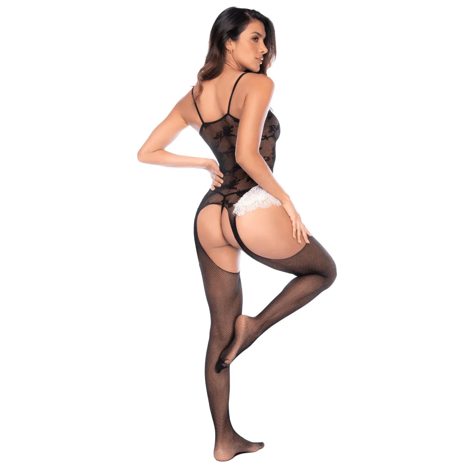 Bodystocking résille noire dentelle laçage avant, silhouette élégante, charme et sophistication Mapalé.