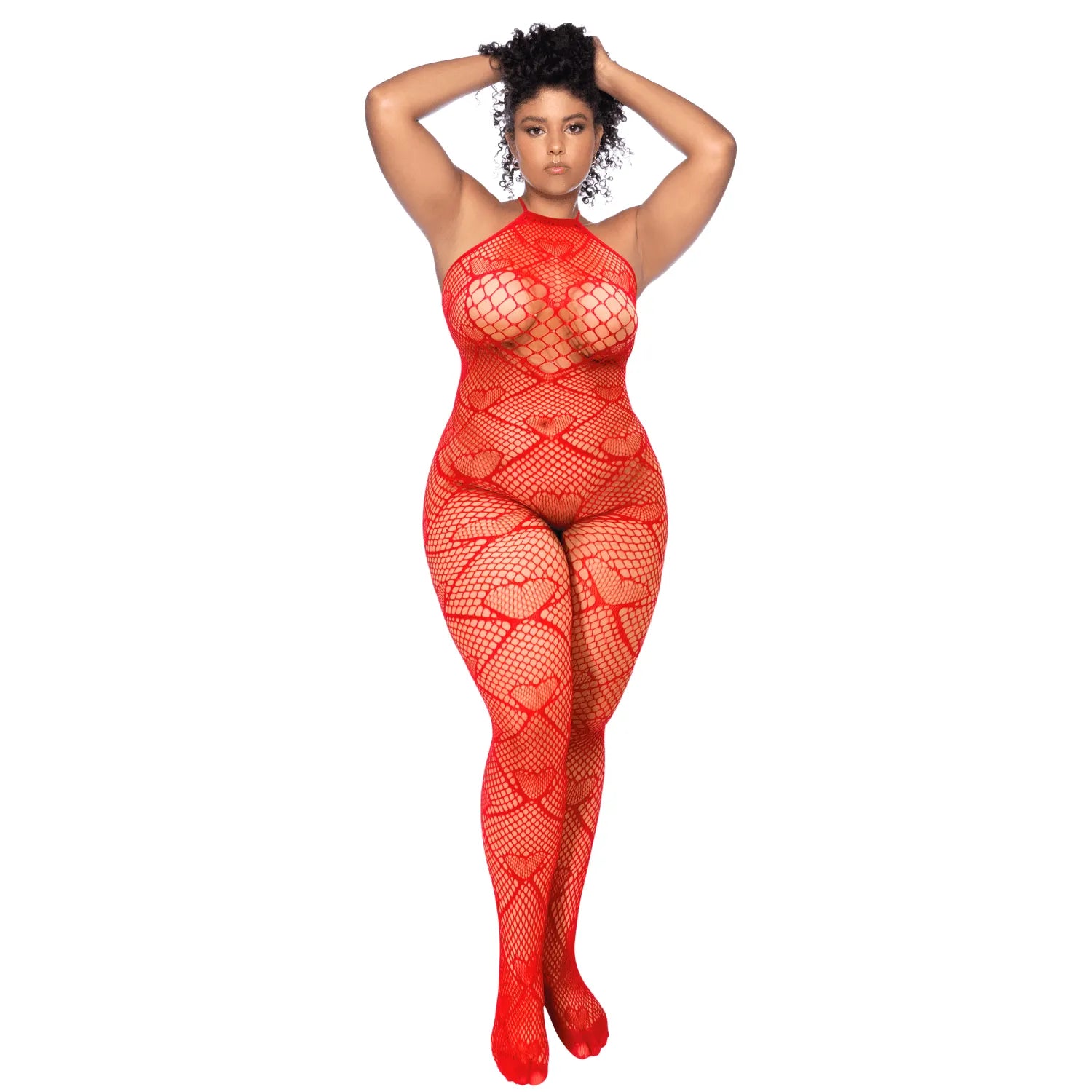 bodystocking grande taille résille rouge motif cœur strass ouvert Mapalé