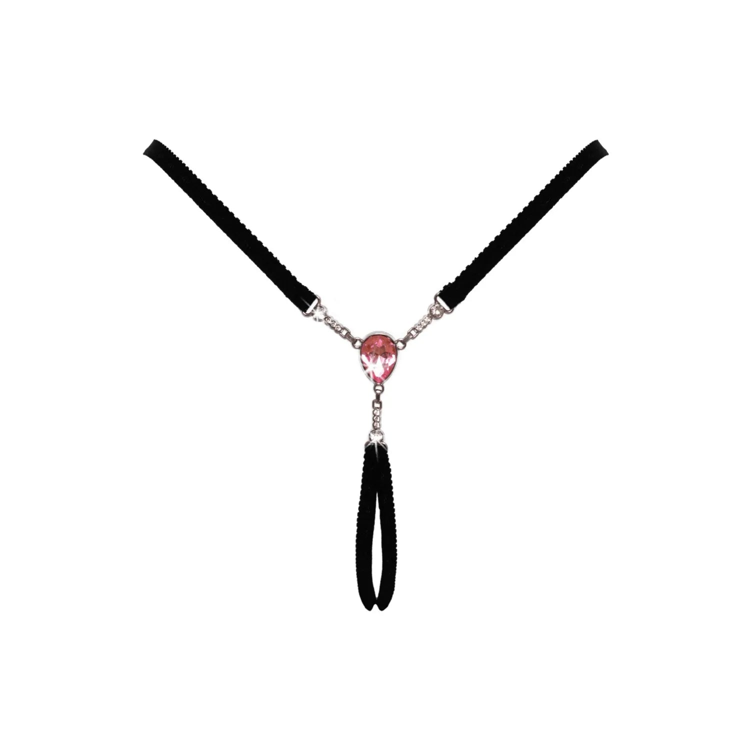 String bijou noir glamour ajustable pierre rose chaînettes argentées ouvert féminité