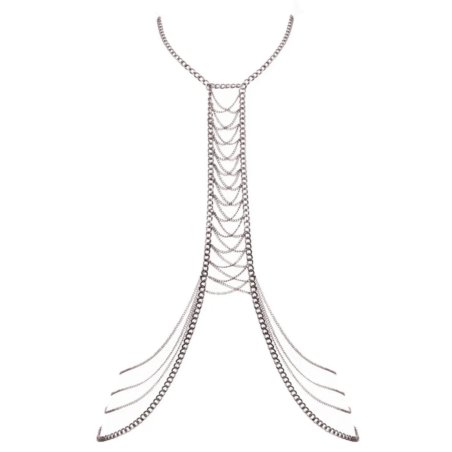 Chaîne corps argentée réglable, style neckholder, avec mousquetons, élégante et polyvalente pour sublimer la silhouette.