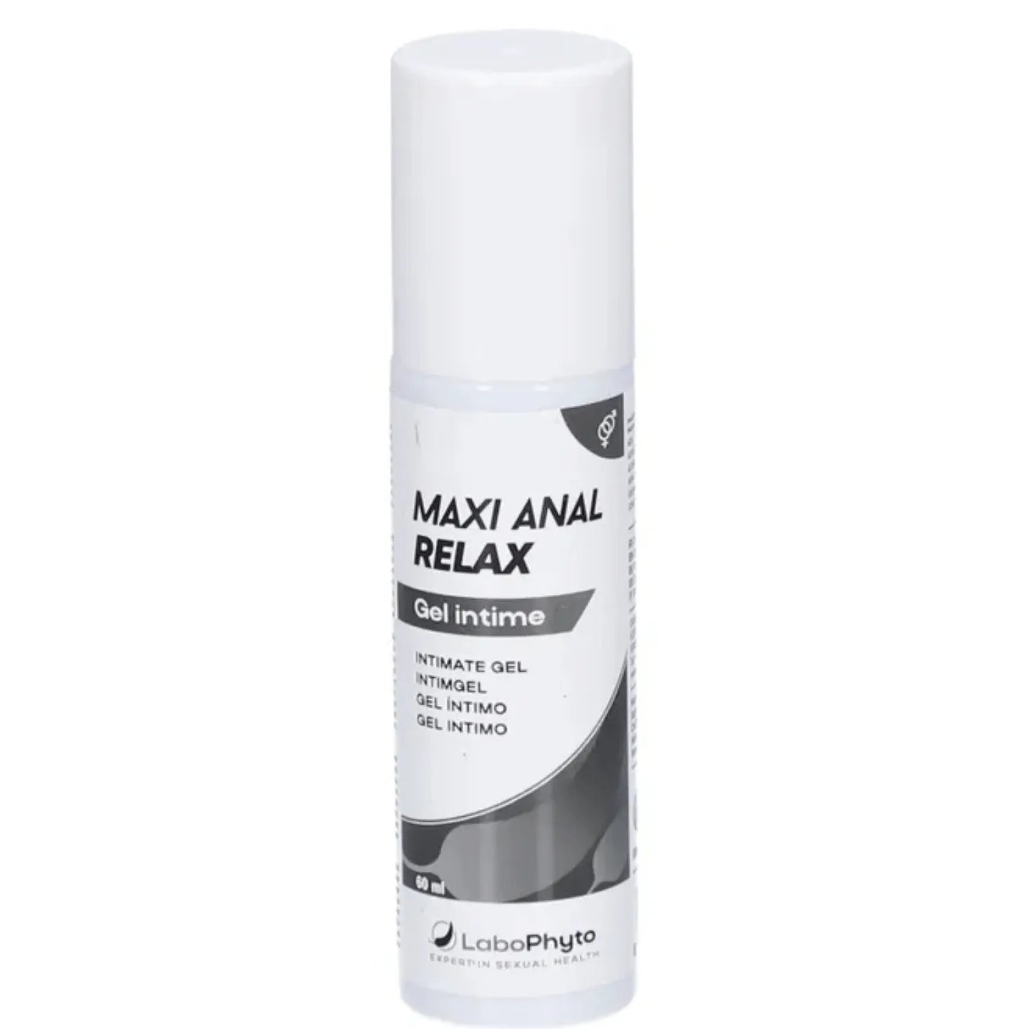 Flacon blanc de gel relaxant intime 60 ml, étiquette noire et blanche, usage externe pour détente et hydratation muqueuses.