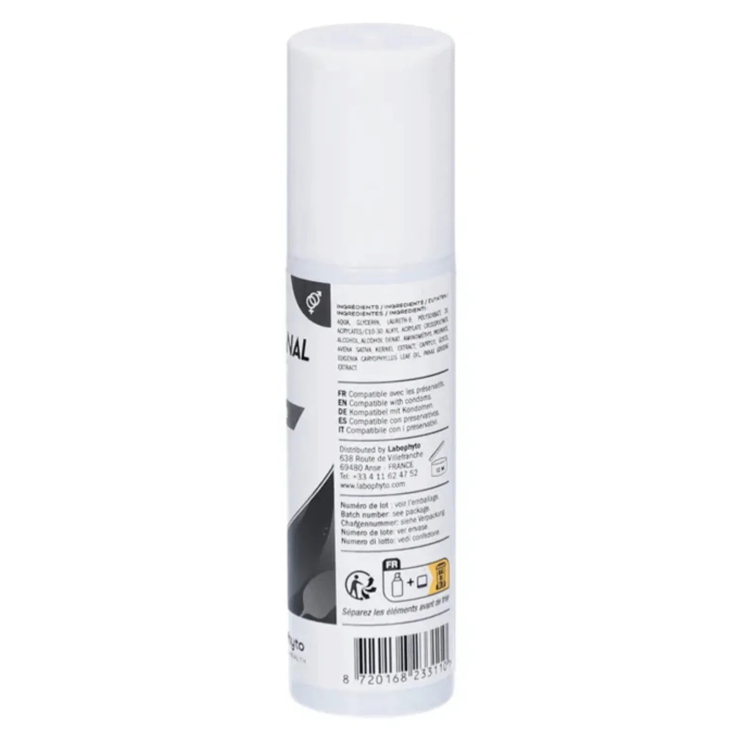 Flacon blanc de gel relaxant intime 60 ml, étiquette détaillée, pour détente et hydratation des muqueuses.