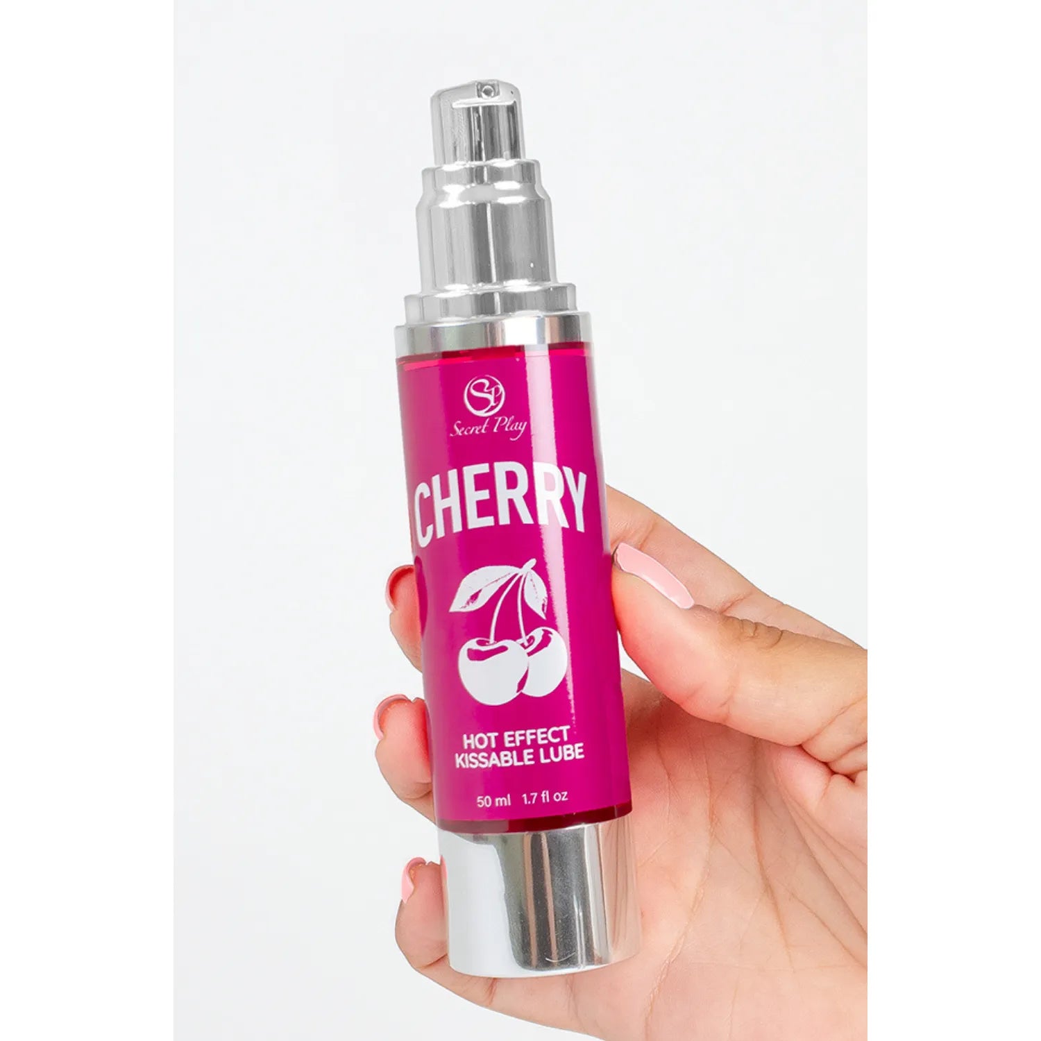 Flacon de lubrifiant et huile de massage cerise chauffant, design rouge avec pompe argentée, 50 ml.