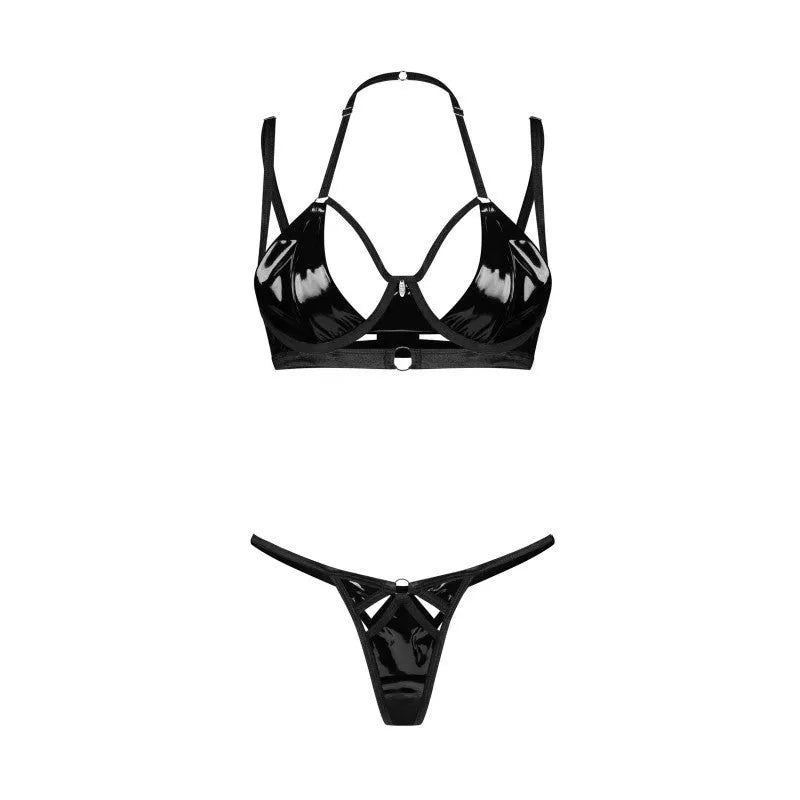 Keira Lise ensemble lingerie noir brillant latex bretelles réglables string découpes