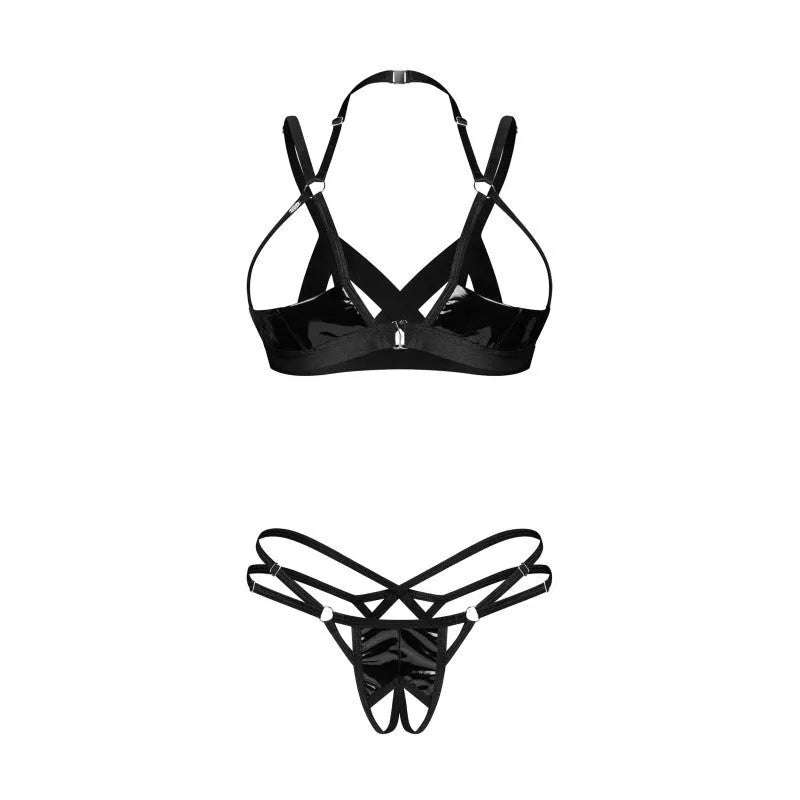 Keira Lise ensemble lingerie ouvert noir aspect latex sensualité ajustable femmes