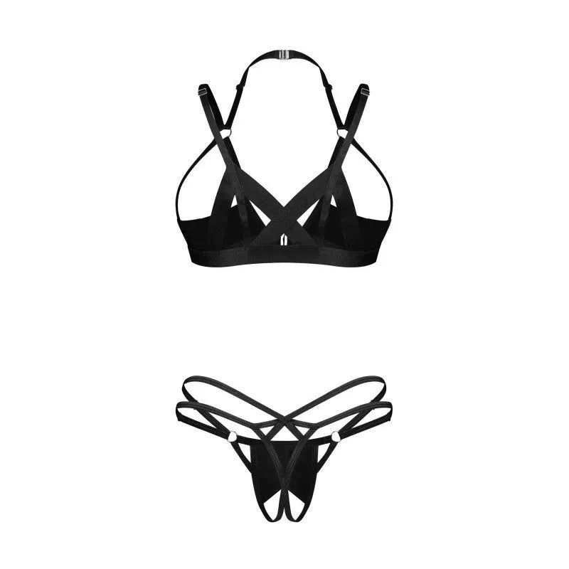 Keira Lise ensemble lingerie ouvert noir aspect latex sensualité ajustable femmes