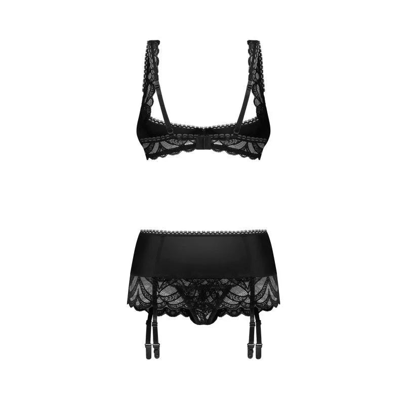 Lecille ensemble lingerie 3 pièces dentelle noir demi-bonnet perle satin