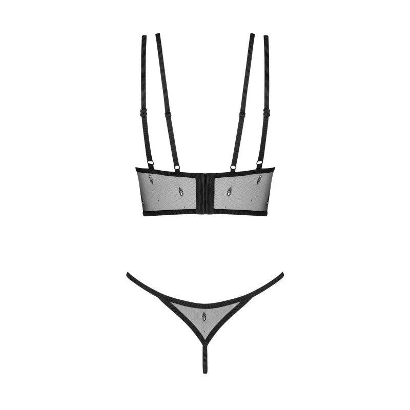 Ensemble lingerie noir transparent Obsessive, top avec armatures et bretelles réglables, string assorti, logo discret.
