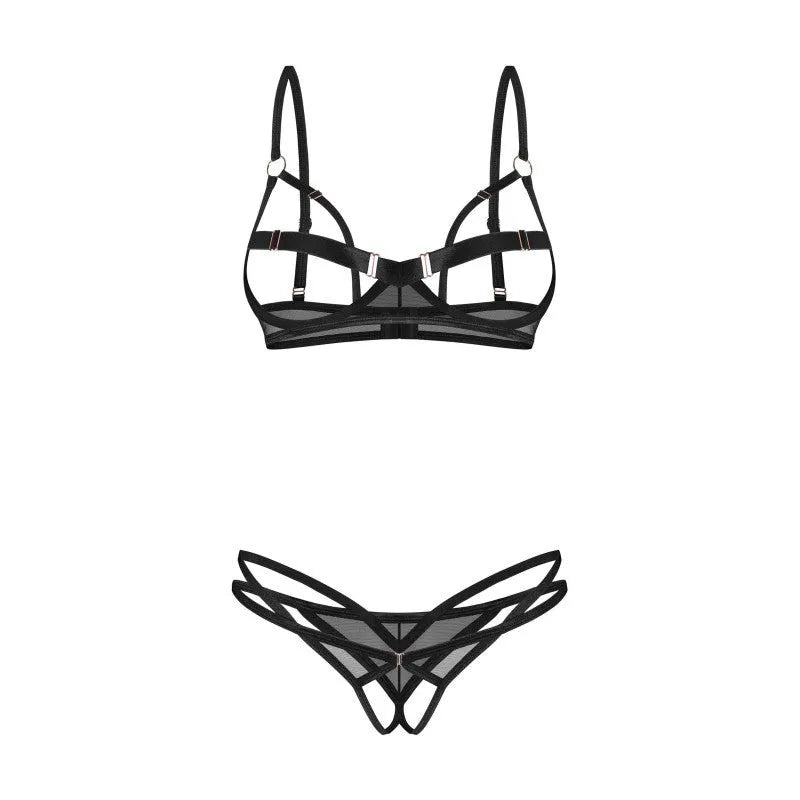Ensemble lingerie noir Euridia avec soutien-gorge et string ouverts, détails rose doré, design ajustable et sensuel.