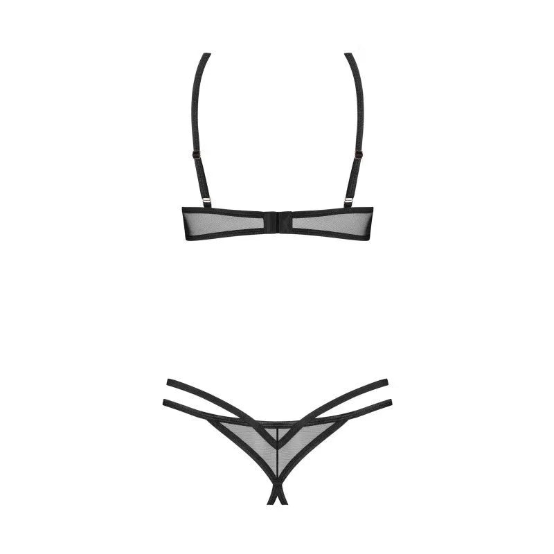 Ensemble lingerie noir ouvert Euridia avec détails rose doré, design ajustable et élégant pour confort et sensualité.