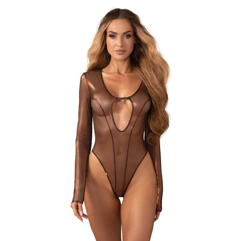 Soranna body manches longues maille transparente reflets dorés élégant ajusté féminin