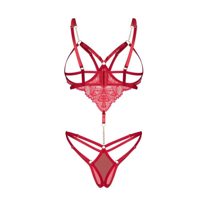 Teddy rouge sans crochet dentelle maille armatures chaîne dorée ouverte
