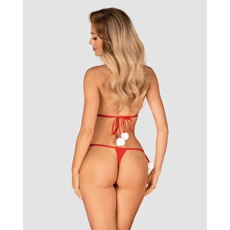 Ensemble lingerie Noël rouge avec pompons blancs et pendentif brillant, ajustement parfait, vue arrière élégante.