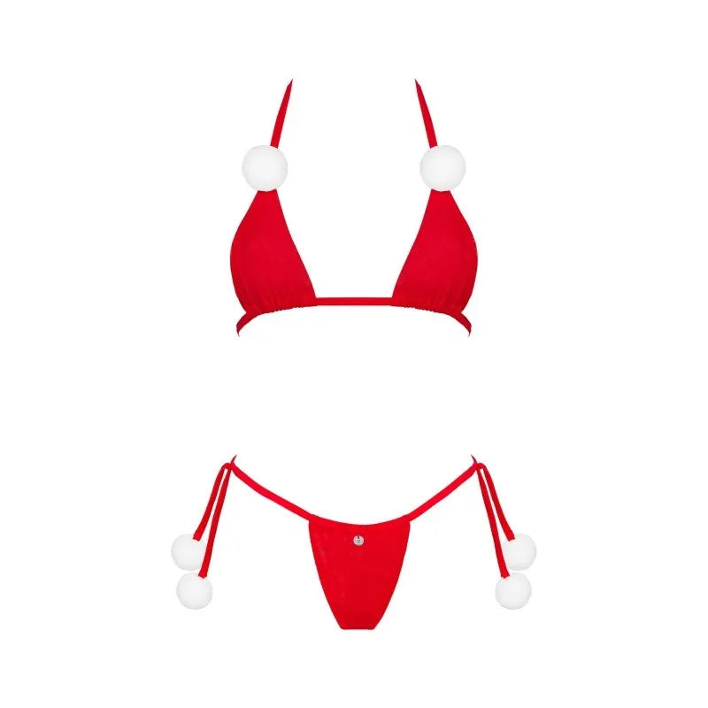 Ensemble lingerie Noël rouge avec pompons blancs et pendentif brillant, design séduisant et festif.