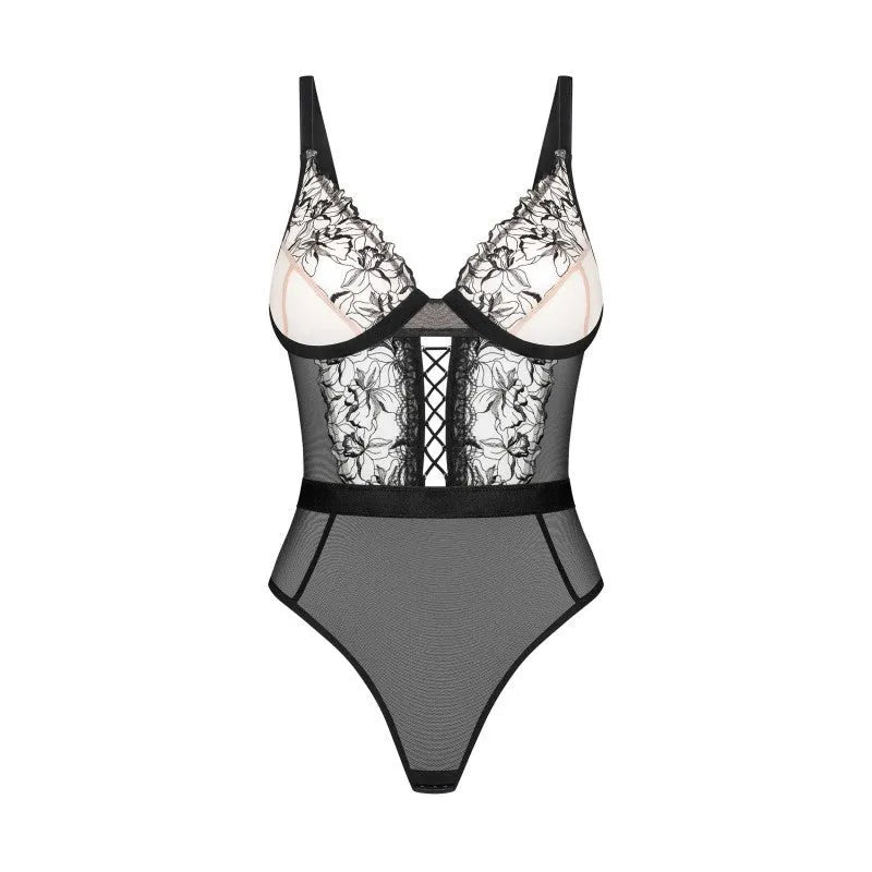 Vila Blanes body noir beige motif botanique brodé tulle femmes