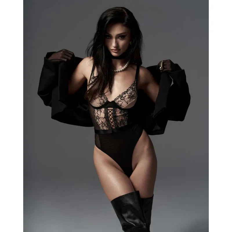 Vila Blanes body noir beige motif botanique brodé tulle femmes