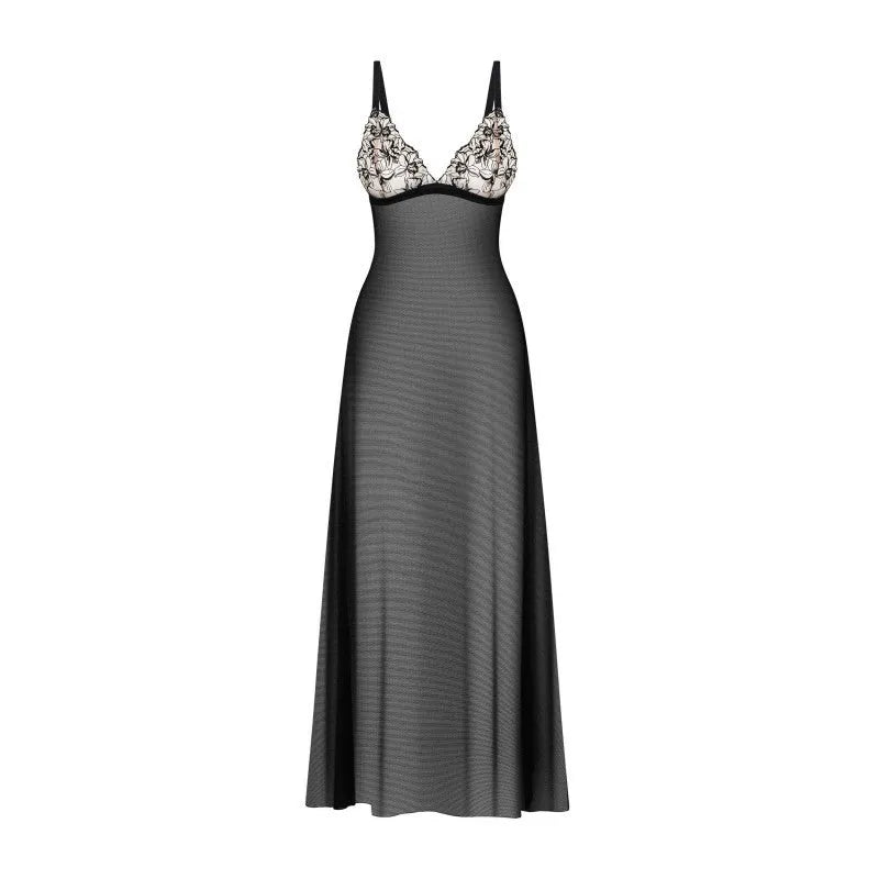 Nuisette longue transparente noire broderie florale tulle Vila Blanes