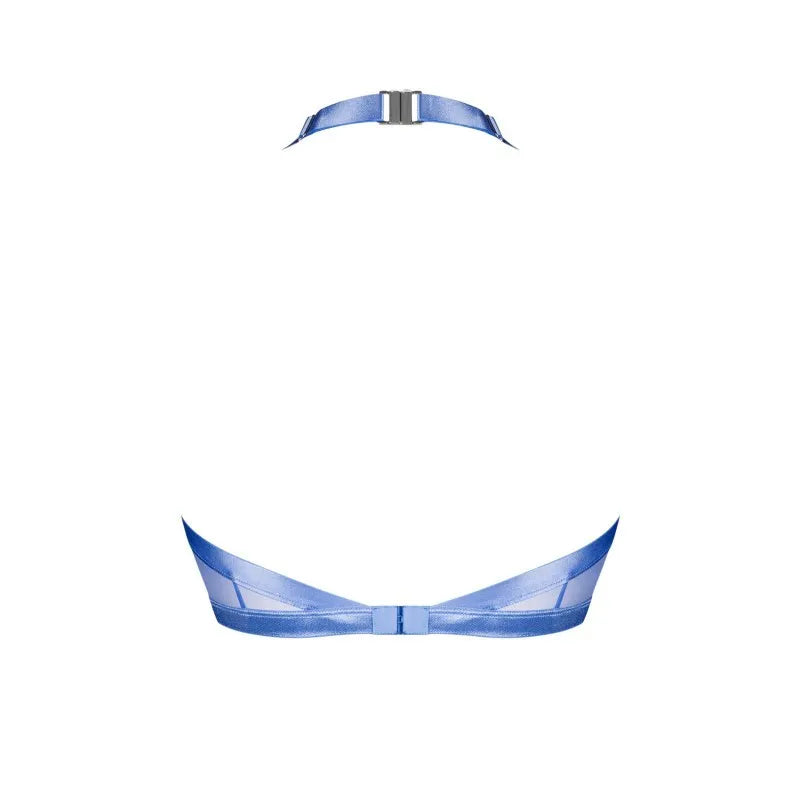 Top bleu moderne élastique filet transparent fermoir argenté élégant