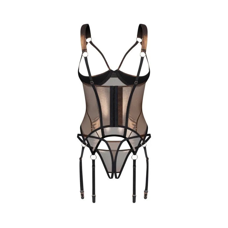 Corset sculptant doré en maille transparente avec string ouvert et jarretelles ajustables, élégant et sensuel.