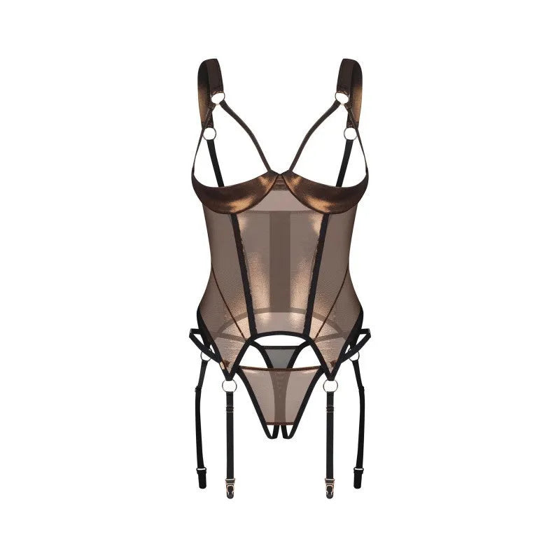 Corset sculptant doré en maille transparente avec string ouvert et jarretelles ajustables, élégance et sensualité.