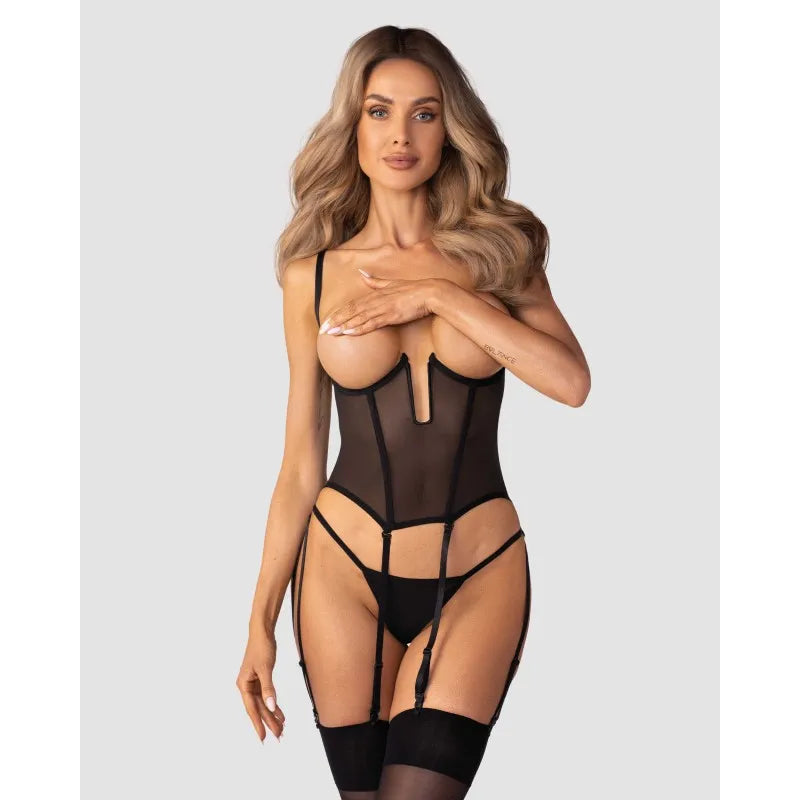 Corset ouvert noir sans bonnets, tissu semi-transparent, jarretelles amovibles, design élégant et ajustable.