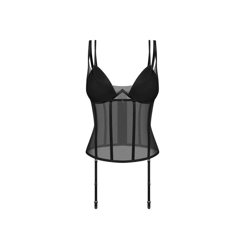Corset noir profond en maille élastique à baleines verticales et bonnets rembourrés