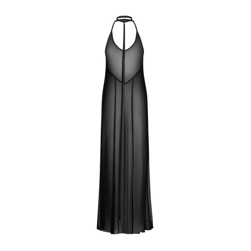 Robe longue noire glamour décolleté triangulaire tissu léger Nuites