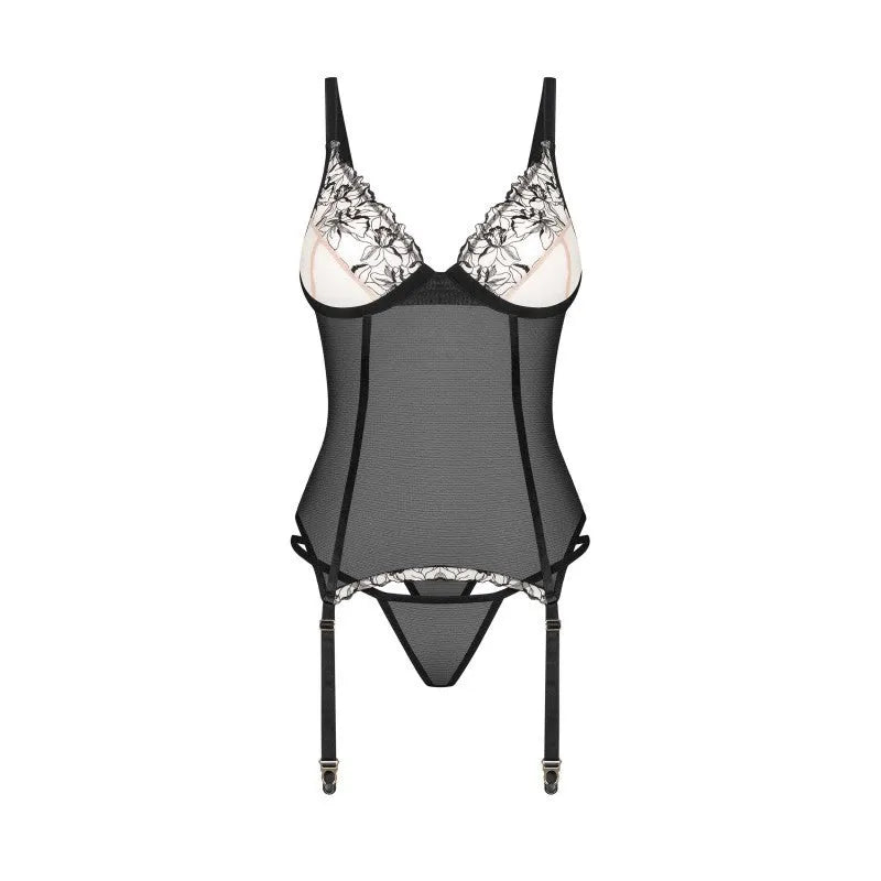 Corset string floral noir transparent avec jarretelles réglables, dos laçage et bonnets à armatures, élégant et séduisant.