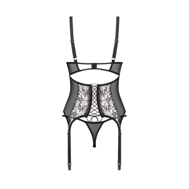 Corset string floral noir transparent avec jarretelles réglables, dos laçage, bonnets à armatures, élégant et séduisant.