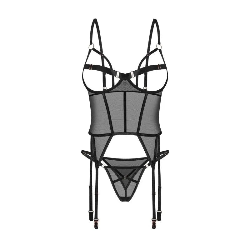 Corset string noir Euridia en maille douce, ajustable, détails or rose, tasses ouvertes, élégant et audacieux.