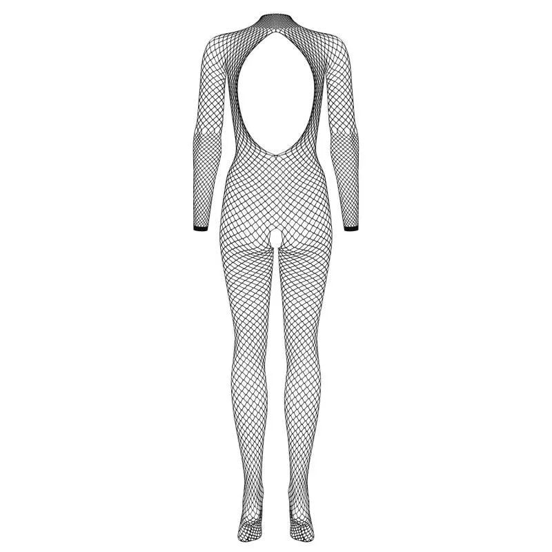 Bodystocking noir résille dos nu, manches longues, entrejambe ouvert, tissu résistant, allure sensuelle et glamour.