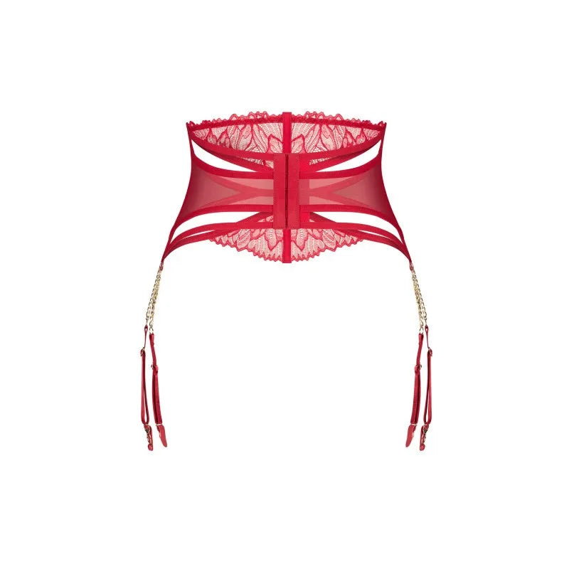 Matildea porte-jarretelles rouge dentelle maille chaînes dorées ajustable hypoallergénique moderne